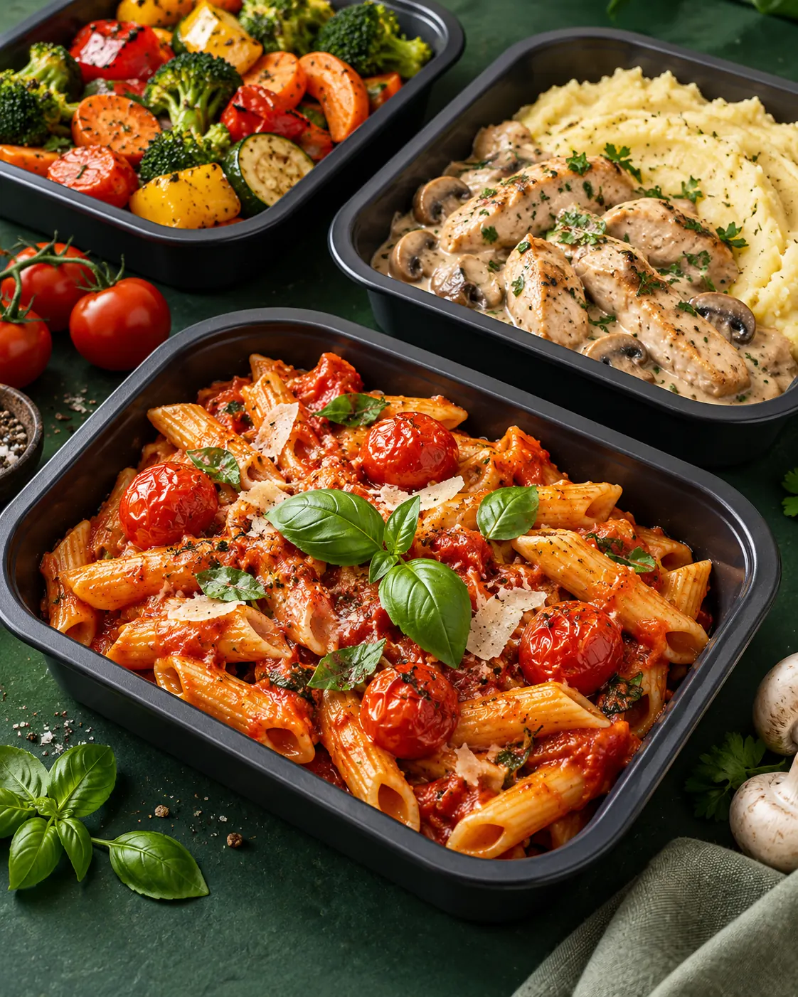 Illustrative image of ready meals: tomato and basil pasta, chicken with mashed potatoes, and vegetables in meal trays